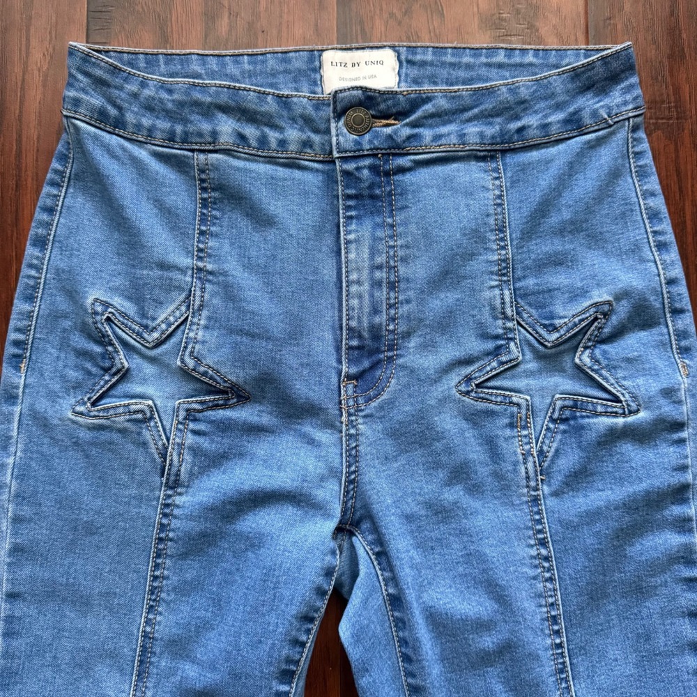 70s Retro Roller Disco Star Flare Jeans Bareback High Rise Litz by Uniq Sz 29